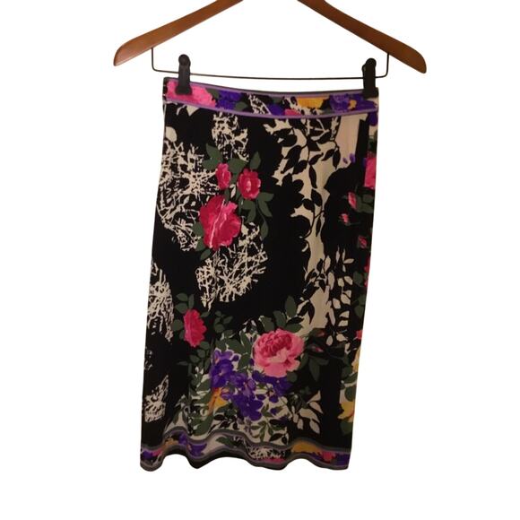 Vintage 1980’s Leonard studio silk jersey black multi floral knee length Skirt - Picture 5 of 8